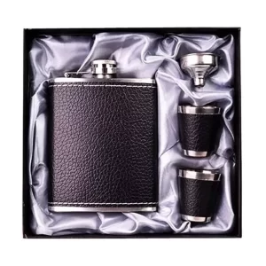 SET PETACA DE WHISKY ECOCUERO ACERO INOXIDABLE 200cc + 2 Shots+ Embudo